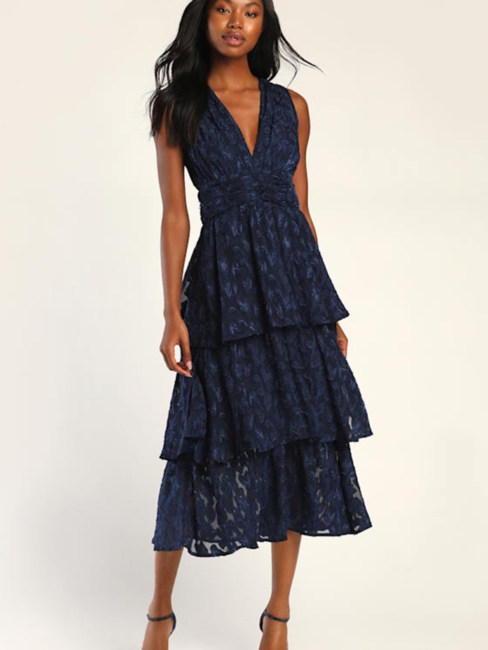 Lulus Make It Mesmerizing Navy Blue Jacquard Tiered Midi Dress - Size L